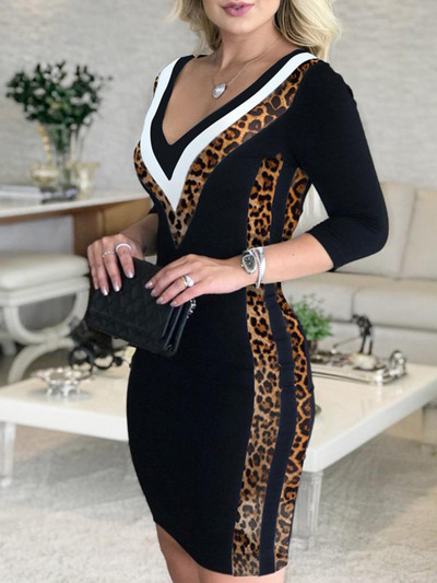 Rochie bodycon cu bandă cu dungi de culoare contrastantă Rochie de petrecere cu mânecă lungă, sexy, cu decolteu în V