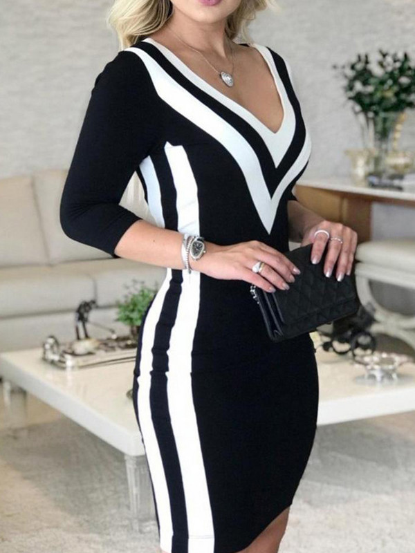 Rochie bodycon cu bandă cu dungi de culoare contrastantă Rochie de petrecere cu mânecă lungă, sexy, cu decolteu în V