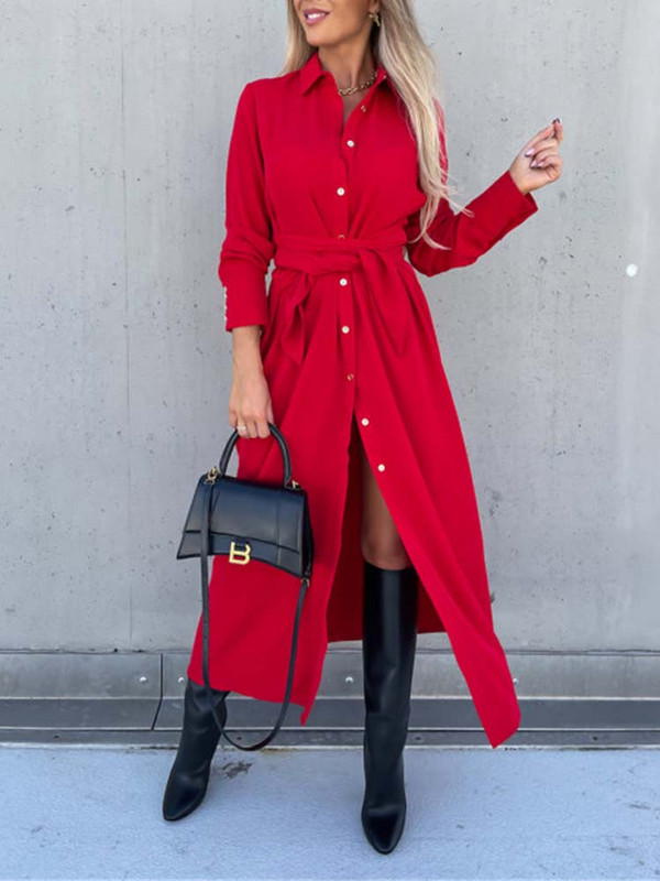 S~3XL Μασίφ μακρυμάνικο πουκάμισο Γυναικείο φόρεμα με κορδόνια μονόστηθο μάξι πάρτι φορέματα παραλίας με στριφογυριστό γιακά με σπαστό φύλλο Vestidos