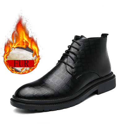 Zimske Chelsea muške čizme plus kožne čizme od baršuna Čizme za gležnjeve na špicast vrh Niska peta Debeli potplat Poslovne čizme Čizme za snijeg