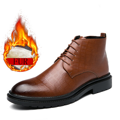 Zimske Chelsea muške čizme plus kožne čizme od baršuna Čizme za gležnjeve na špicast vrh Niska peta Debeli potplat Poslovne čizme Čizme za snijeg