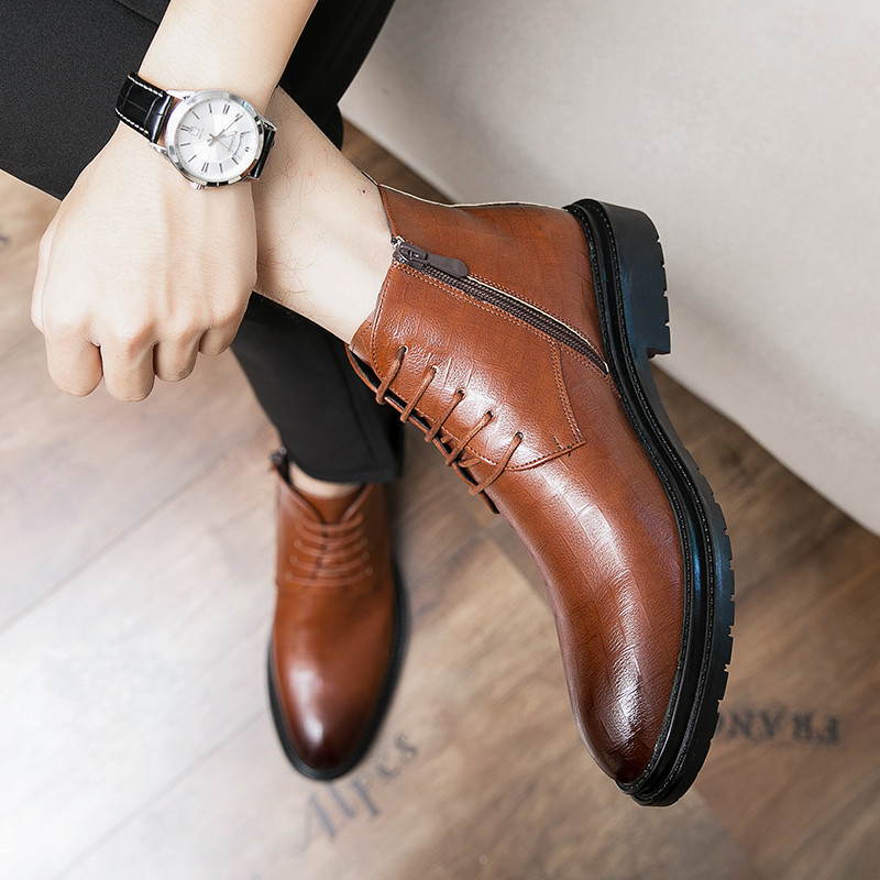 Zimske Chelsea muške čizme plus kožne čizme od baršuna Čizme za gležnjeve na špicast vrh Niska peta Debeli potplat Poslovne čizme Čizme za snijeg