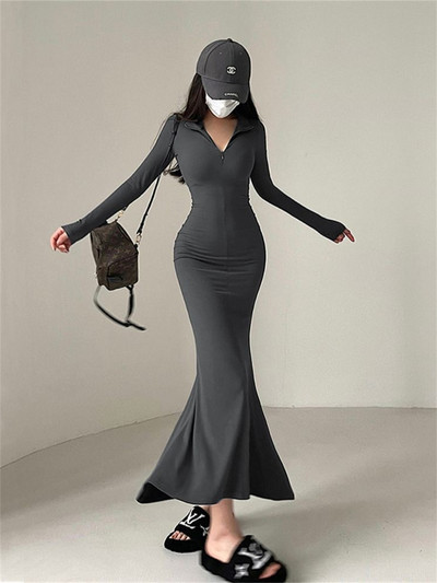 Ženska proljetno-jesenska seksi haljina s dugim rukavima i ovratnikom s patentnim zatvaračem, Vestidos SS156