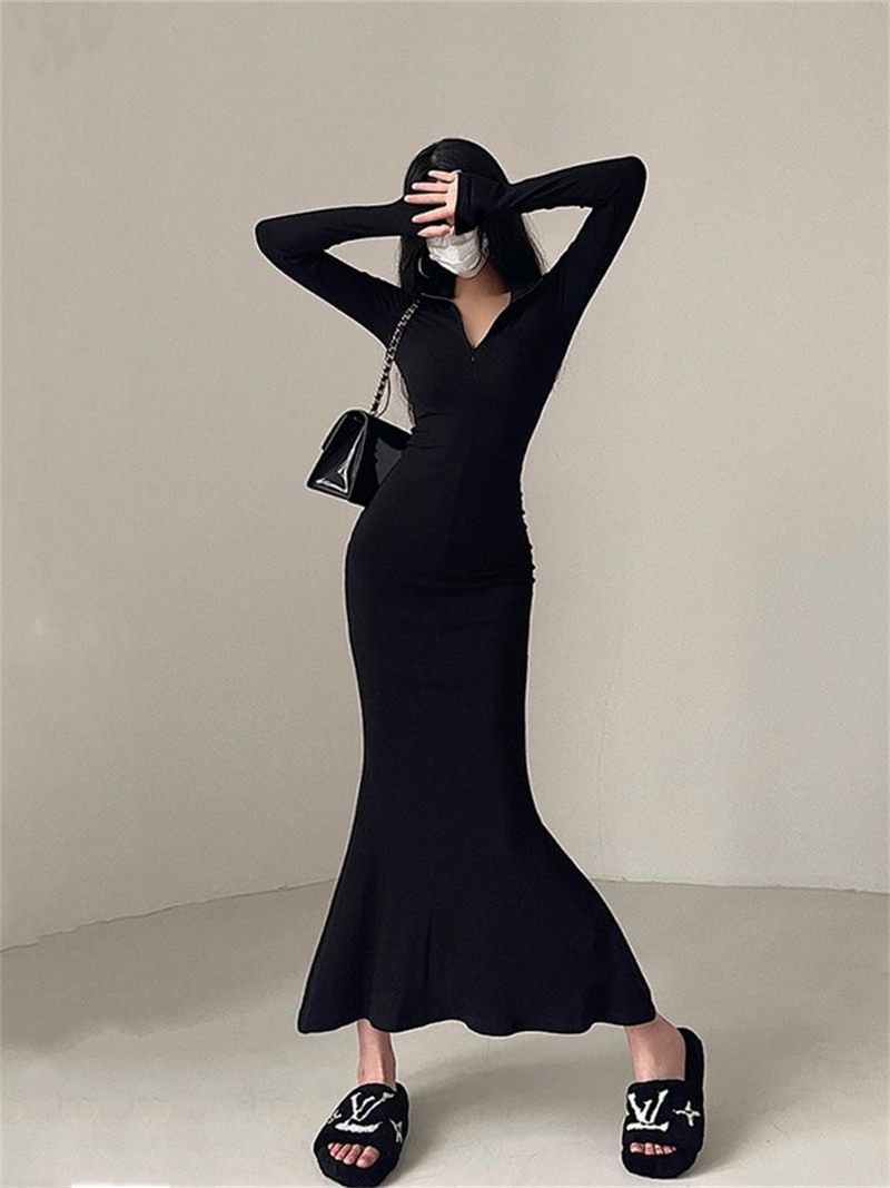 Ženska proljetno-jesenska seksi haljina s dugim rukavima i ovratnikom s patentnim zatvaračem, Vestidos SS156