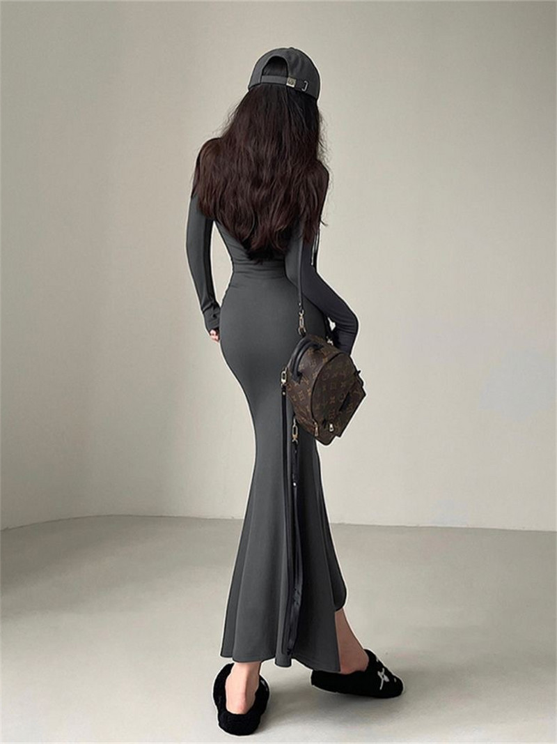 Ženska proljetno-jesenska seksi haljina s dugim rukavima i ovratnikom s patentnim zatvaračem, Vestidos SS156