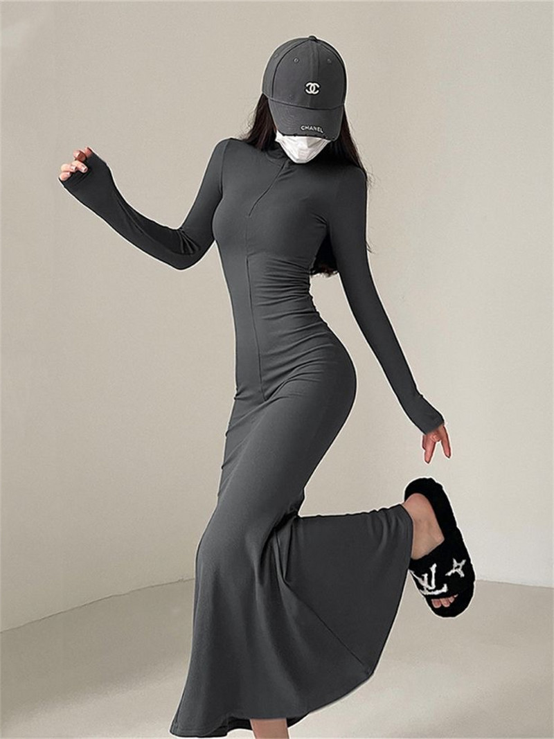 Ženska proljetno-jesenska seksi haljina s dugim rukavima i ovratnikom s patentnim zatvaračem, Vestidos SS156