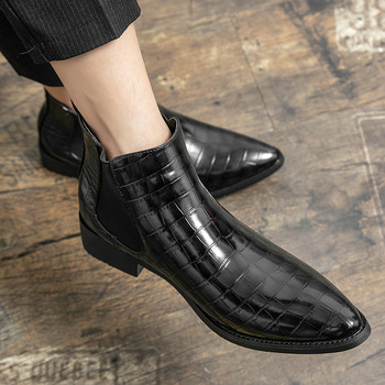 Мъжки черни ботуши Chelsea с приплъзване Мъжки модни боти до глезена Мъжки ежедневни италиански къси ботуши Обувки с високи остри пръсти Кожени ботуши