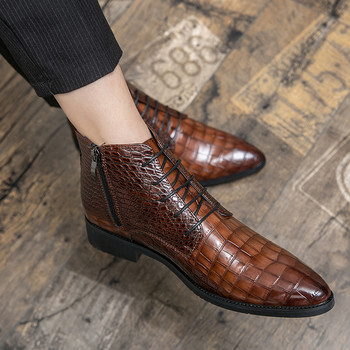 Мъжки висококачествени заострени високи ботуши Плюс размер 38-48 Бизнес модни боти до глезена Банкет Сватбени мъжки кожени обувки