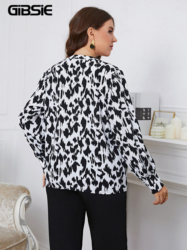 GIBSIE Plus Size Leopard Print με οδοντωτή λαιμόκοψη Γυναικεία μπλούζα γραφείου Άνοιξη Φθινόπωρο Casual μακρυμάνικο πουκάμισο μόδας τοπ 2023