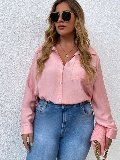 Sieviešu liela izmēra blūzes Izliektas pavasara vasara 2023. gada jauna mode, vienkrāsaini rozā, ar garām piedurknēm, ikdienas topi Eleganti ikdienas apģērbi