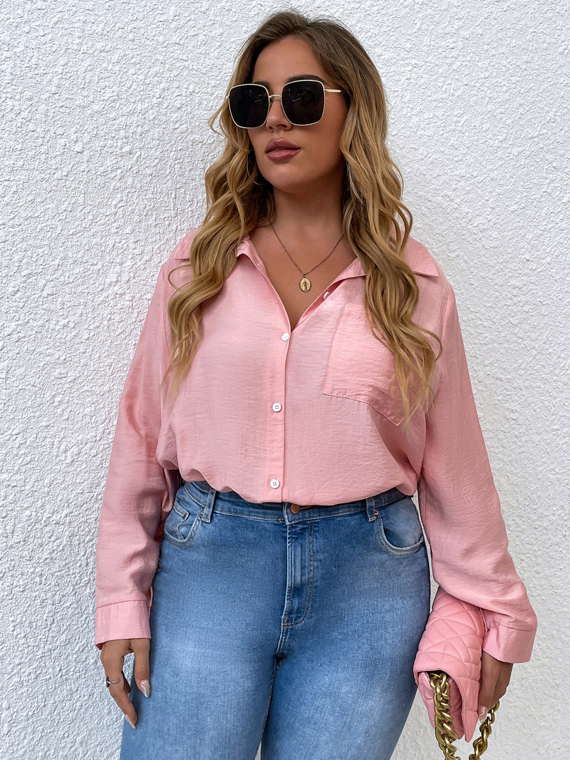 Sieviešu liela izmēra blūzes Izliektas pavasara vasara 2023. gada jauna mode, vienkrāsaini rozā, ar garām piedurknēm, ikdienas topi Eleganti ikdienas apģērbi