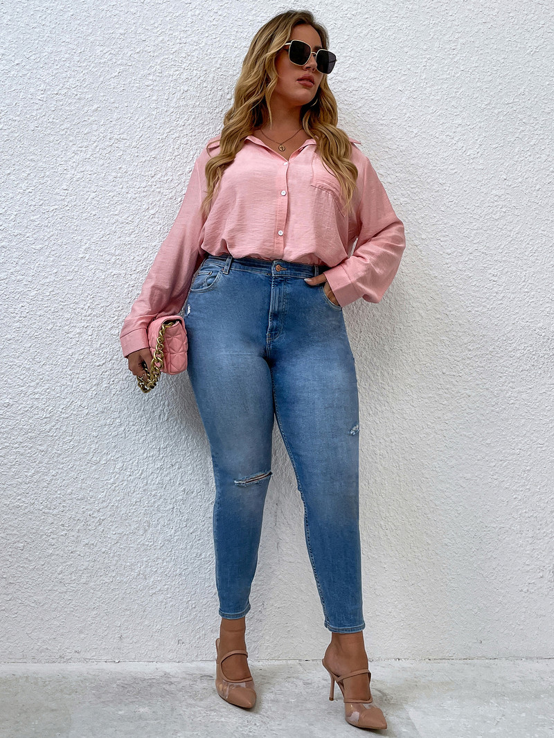 Sieviešu liela izmēra blūzes Izliektas pavasara vasara 2023. gada jauna mode, vienkrāsaini rozā, ar garām piedurknēm, ikdienas topi Eleganti ikdienas apģērbi