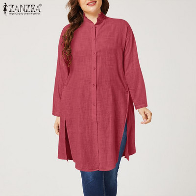 Masīvas tunikas tops Casual brīvs blusas ZANZEA sieviešu stāvs apkakle, garš krekls rudens garām piedurknēm, pogas uz leju kokvilnas blūze liela izmēra