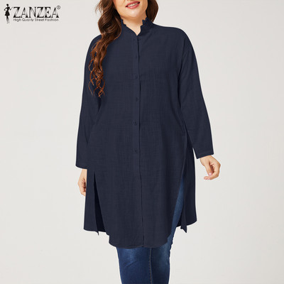 Masīvas tunikas tops Casual brīvs blusas ZANZEA sieviešu stāvs apkakle, garš krekls rudens garām piedurknēm, pogas uz leju kokvilnas blūze liela izmēra