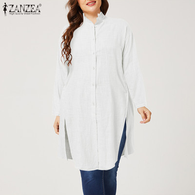 Masīvas tunikas tops Casual brīvs blusas ZANZEA sieviešu stāvs apkakle, garš krekls rudens garām piedurknēm, pogas uz leju kokvilnas blūze liela izmēra