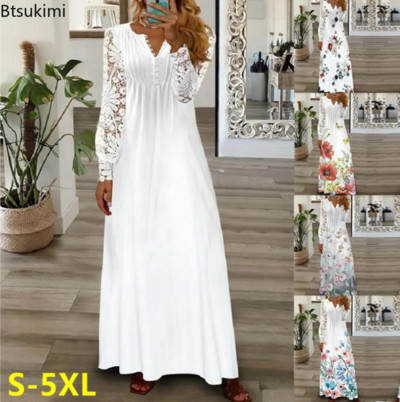 Plus veličina 4XL 5XL Ženska elegantna duga haljina s dugmadima s V izrezom Seksi čipkaste haljine s dugim rukavima za žene Slim Fit Party Vestidos Novo