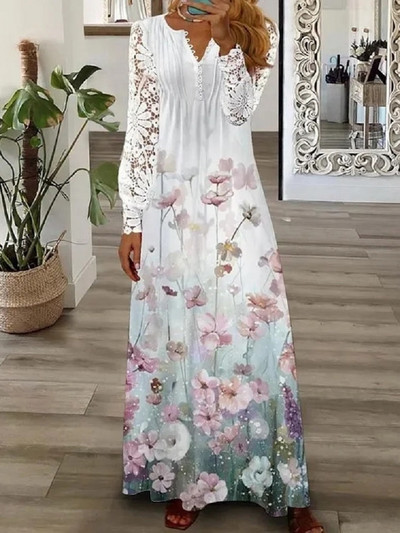 Plus Size 4XL 5XL Rochie lungă elegantă pentru femei, cu nasturi, cu decolteu în V, sexy, din dantelă, cu mâneci lungi, rochii pentru femei, rochii de petrecere slim fit, noi