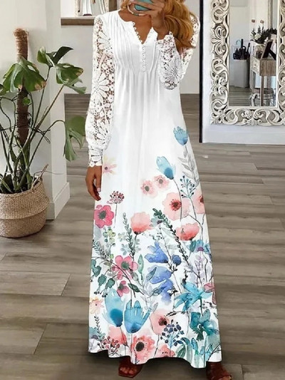 Plus Size 4XL 5XL Rochie lungă elegantă pentru femei, cu nasturi, cu decolteu în V, sexy, din dantelă, cu mâneci lungi, rochii pentru femei, rochii de petrecere slim fit, noi