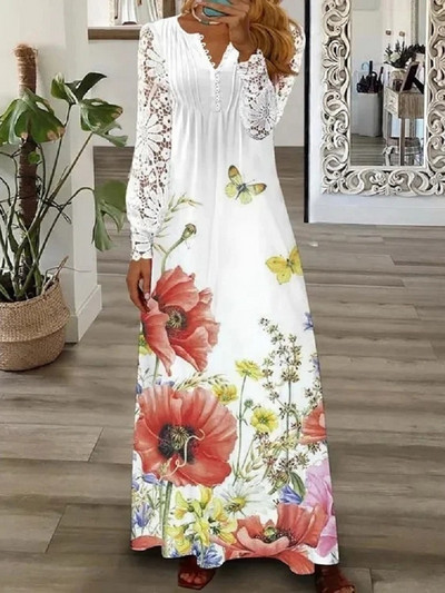 Plus Size 4XL 5XL Rochie lungă elegantă pentru femei, cu nasturi, cu decolteu în V, sexy, din dantelă, cu mâneci lungi, rochii pentru femei, rochii de petrecere slim fit, noi