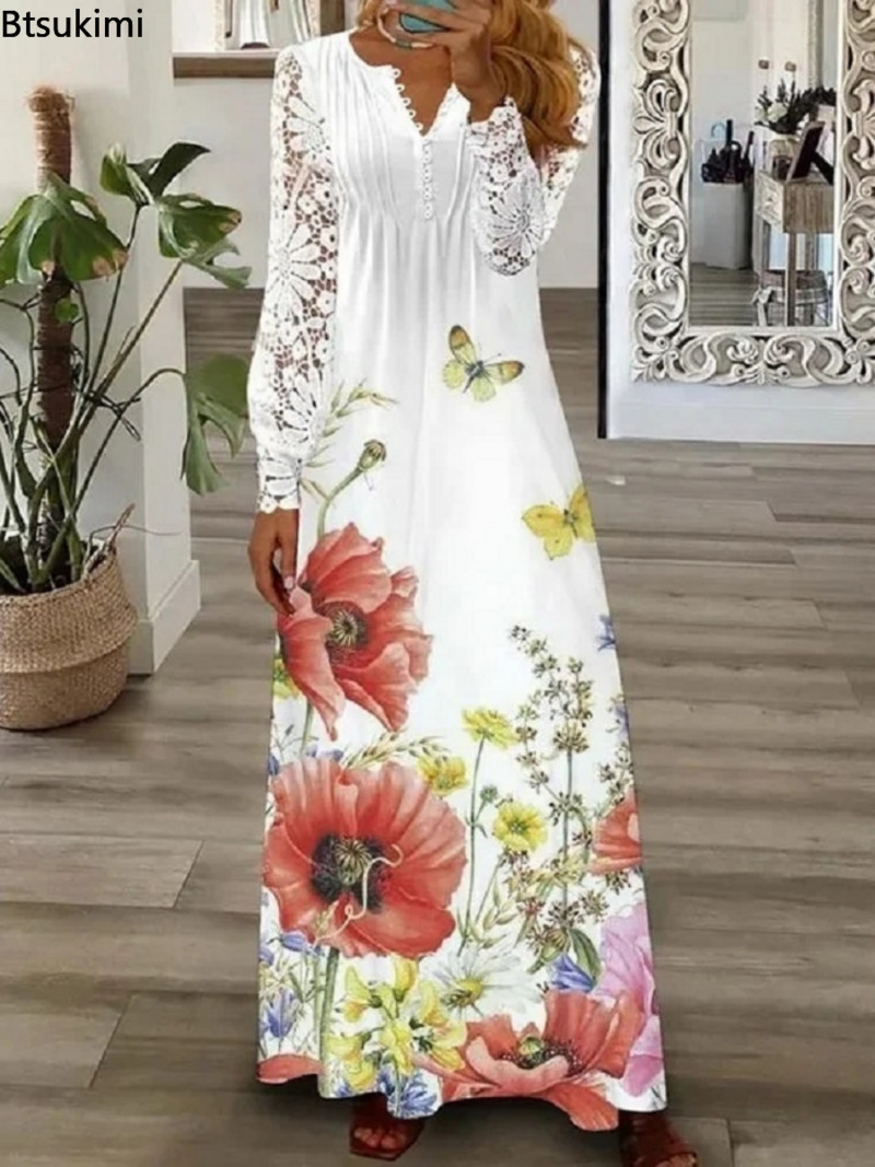 Plus Size 4XL 5XL Rochie lungă elegantă pentru femei, cu nasturi, cu decolteu în V, sexy, din dantelă, cu mâneci lungi, rochii pentru femei, rochii de petrecere slim fit, noi