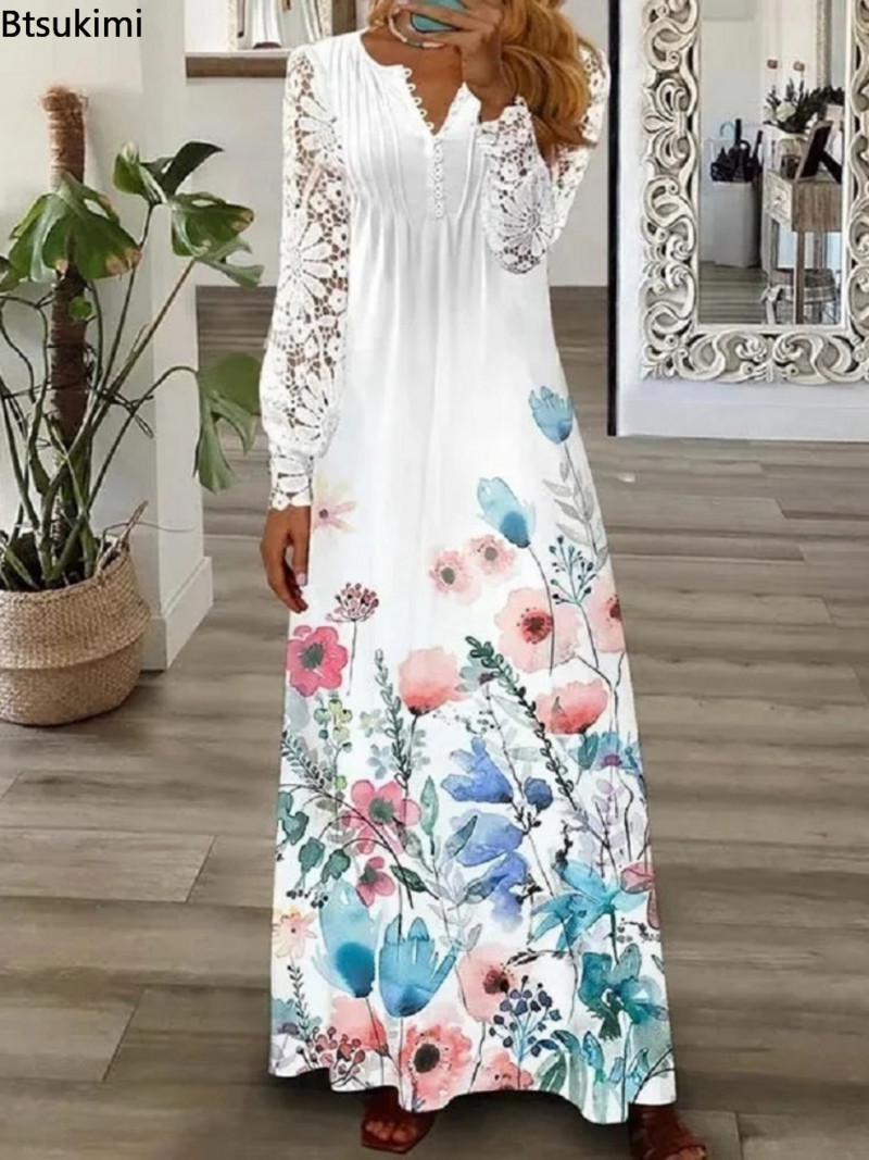 Plus Size 4XL 5XL Rochie lungă elegantă pentru femei, cu nasturi, cu decolteu în V, sexy, din dantelă, cu mâneci lungi, rochii pentru femei, rochii de petrecere slim fit, noi