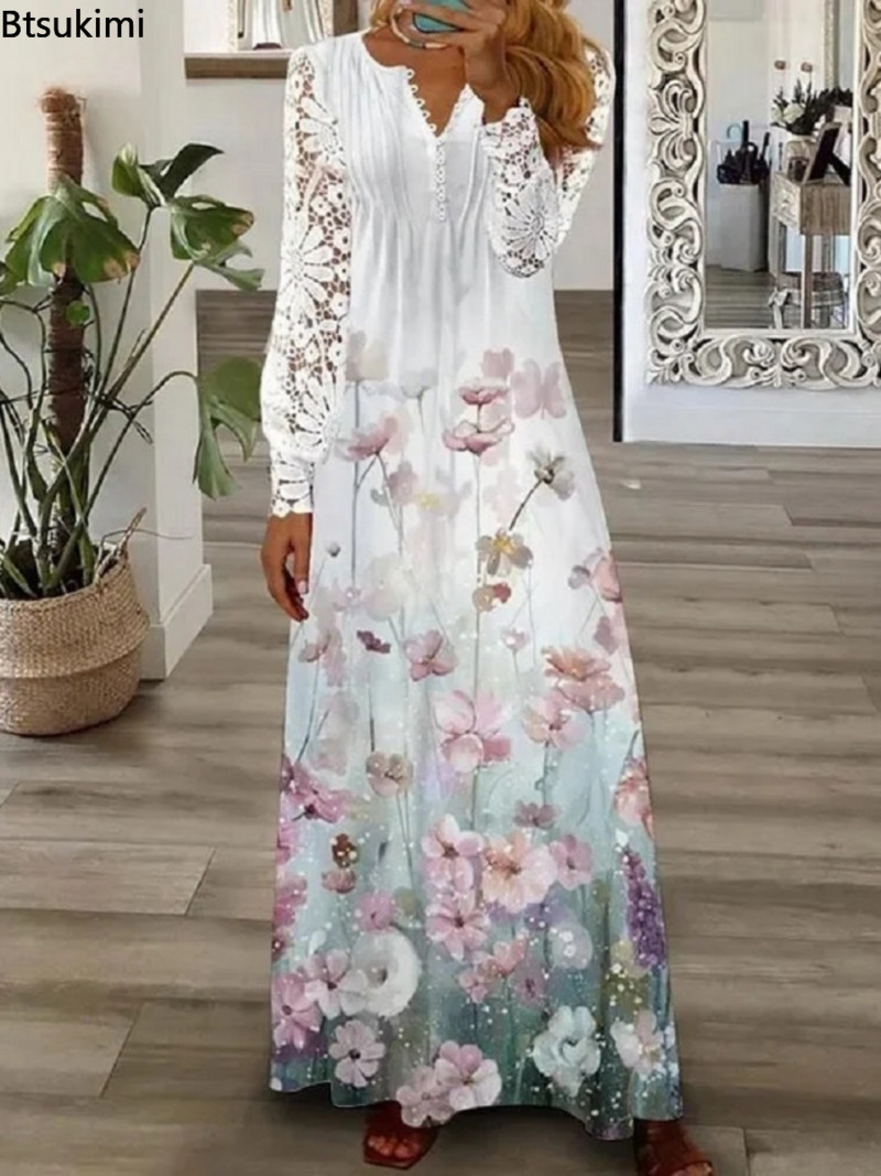 Plus Size 4XL 5XL Rochie lungă elegantă pentru femei, cu nasturi, cu decolteu în V, sexy, din dantelă, cu mâneci lungi, rochii pentru femei, rochii de petrecere slim fit, noi