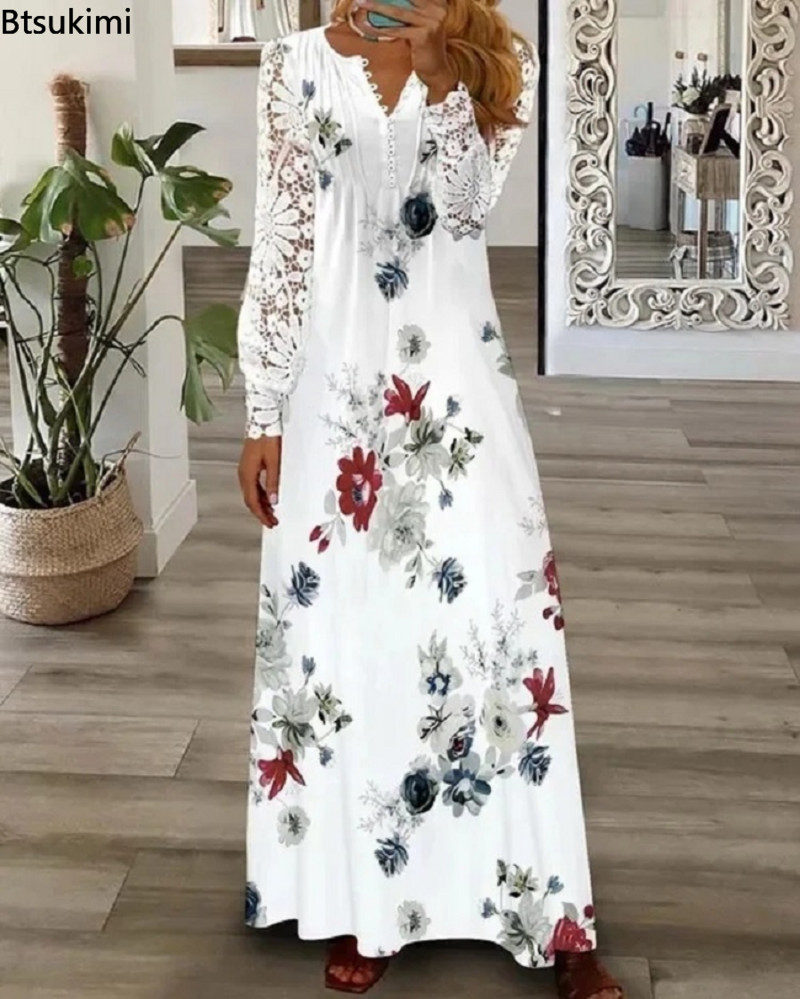 Plus Size 4XL 5XL Rochie lungă elegantă pentru femei, cu nasturi, cu decolteu în V, sexy, din dantelă, cu mâneci lungi, rochii pentru femei, rochii de petrecere slim fit, noi