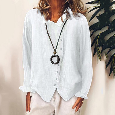 Дамски топове от памучна ленена плътна блуза Дамска широка тениска с копчета с дълъг ръкав Висококачествени дрехи за голям размер Дамски