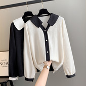 150Kg Plus Size Γυναικείο μπούστο 150 Ανοιξιάτικο Loose Contrast Μακρυμάνικο Πουκάμισο Μαύρο Βερίκοκο 6XL 7XL 8XL 9XL