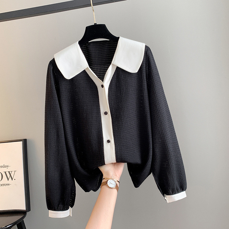 150Kg Plus Size Γυναικείο μπούστο 150 Ανοιξιάτικο Loose Contrast Μακρυμάνικο Πουκάμισο Μαύρο Βερίκοκο 6XL 7XL 8XL 9XL