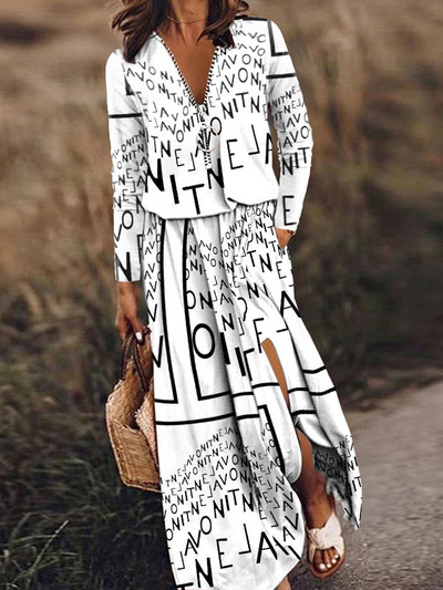 Transfrontalier Europa și America 2023 Toamnă/Iarnă Nouă Rochie Ocazională cu Fermoar cu mâneci lungi Rochie lungă cu imprimeu de litere pentru femei