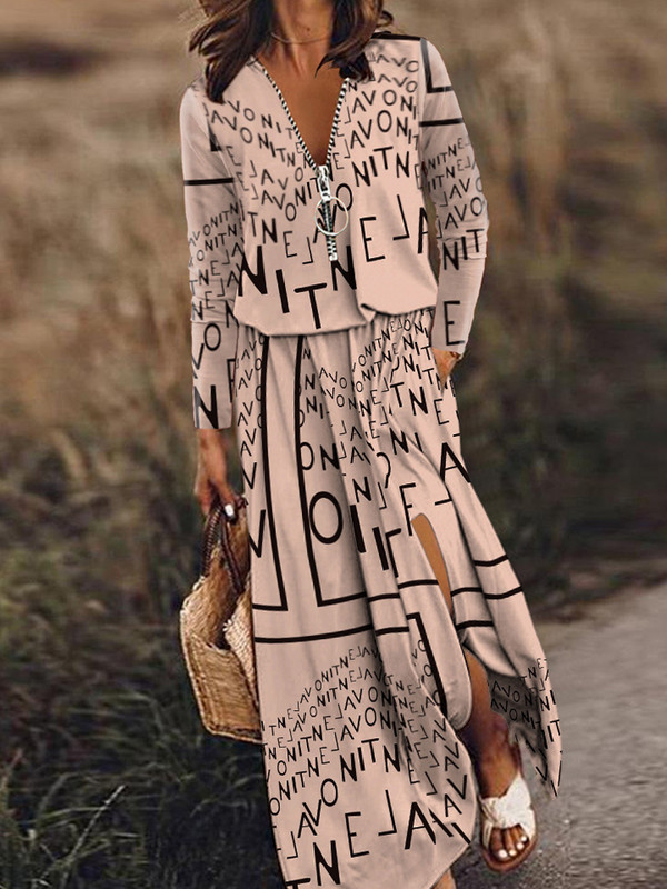 Transfrontalier Europa și America 2023 Toamnă/Iarnă Nouă Rochie Ocazională cu Fermoar cu mâneci lungi Rochie lungă cu imprimeu de litere pentru femei