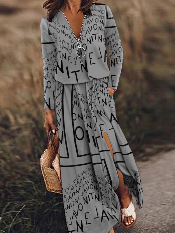 Transfrontalier Europa și America 2023 Toamnă/Iarnă Nouă Rochie Ocazională cu Fermoar cu mâneci lungi Rochie lungă cu imprimeu de litere pentru femei