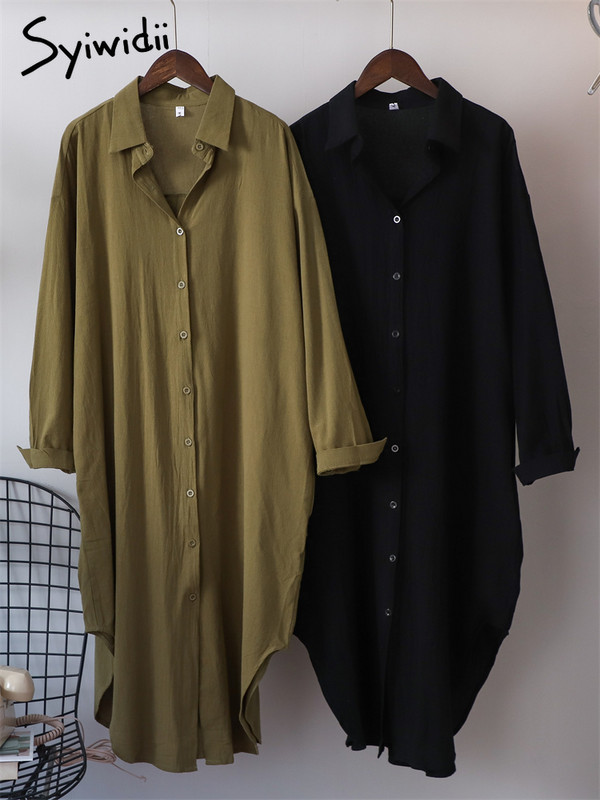 Syiwidii duge haljine za žene Pamučna prevelika velika haljina s dugim rukavima i ovratnikom na ovratnik Modna ženska ležerna široka haljina
