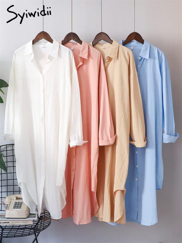 Syiwidii duge haljine za žene Pamučna prevelika velika haljina s dugim rukavima i ovratnikom na ovratnik Modna ženska ležerna široka haljina