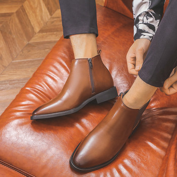 Ботуши Chelsea Мъжки обувки от PU кожа с остър връх Мъжки къси ботуши Британски увеличени ботуши Модни високи кожени оксфордски обувки