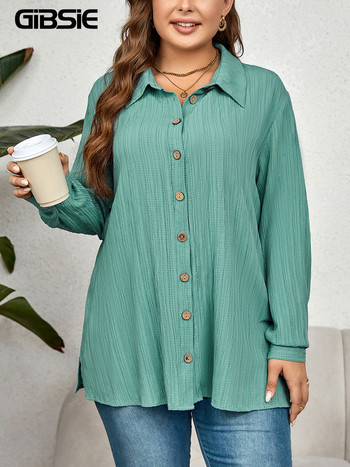 GIBSIE Плюс размер Ежедневна плътна риза с копчета Дамска пролетна есенна яка с дълги ръкави Работни офис свободни блузи Топове с цепка