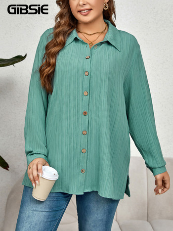 GIBSIE Плюс размер Ежедневна плътна риза с копчета Дамска пролетна есенна яка с дълги ръкави Работни офис свободни блузи Топове с цепка