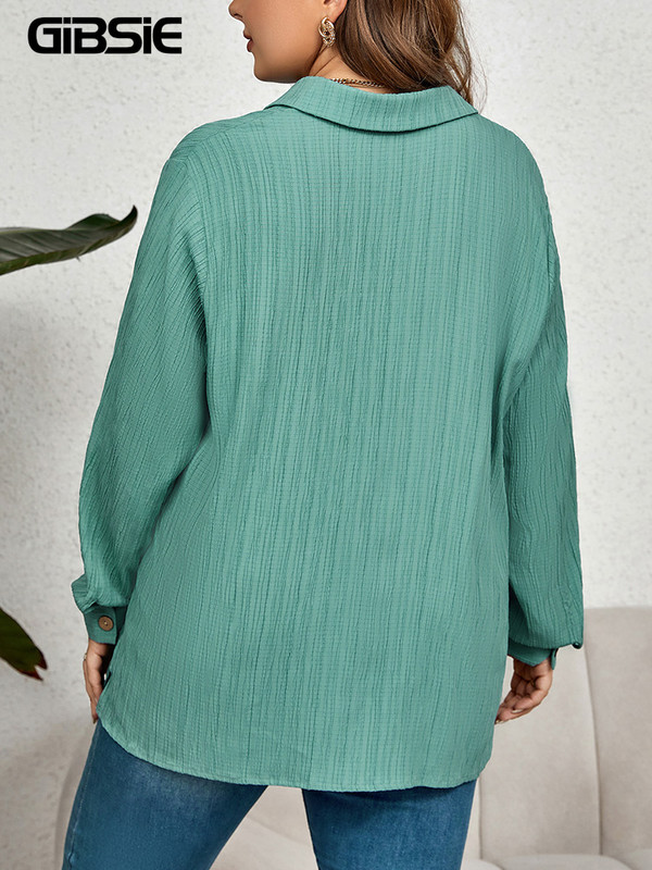 GIBSIE Ležerna jednobojna košulja na kopčanje velike veličine Žene Proljeće Jesen Ovratnik dugih rukava Radne uredske široke bluze Topovi s prorezom