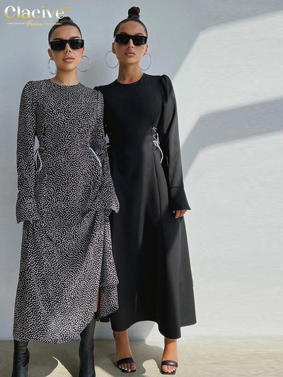 Clacive Fashion Loose Print Γυναικεία Φορέματα 2023 Κομψό μακρυμάνικο φόρεμα με λαιμόκοψη Γυναικείο φόρεμα με επίδεσμο ψηλόμεσο