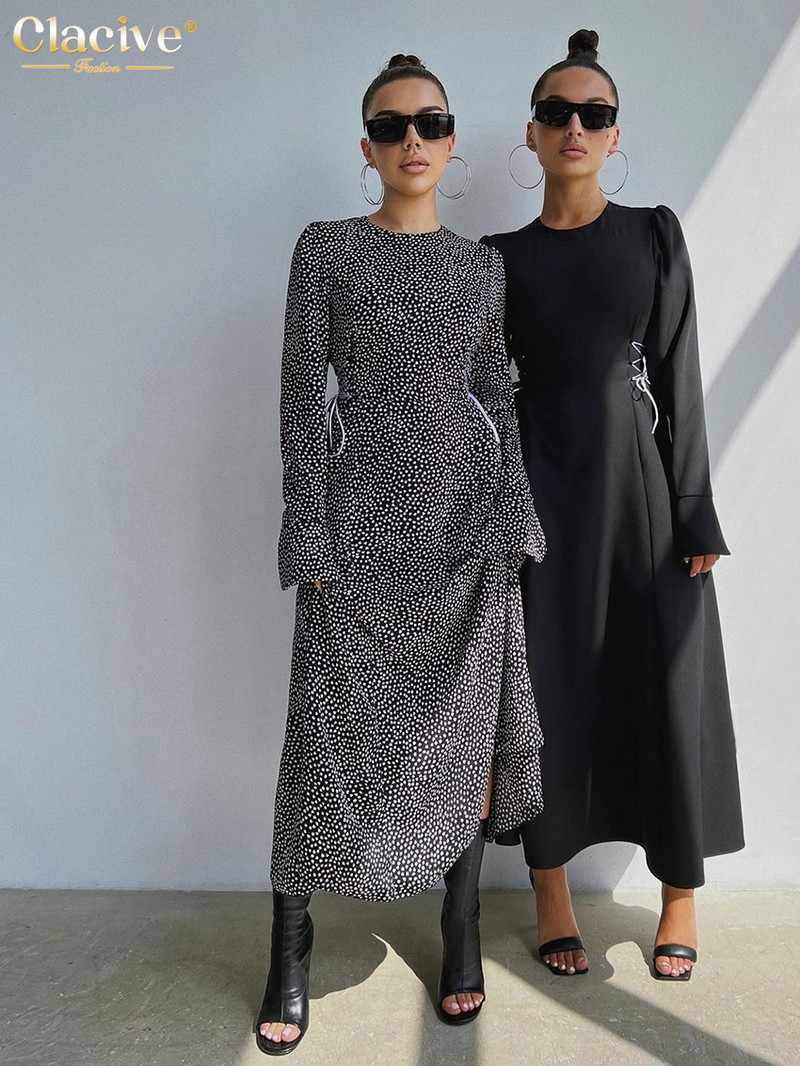 Clacive Fashion Loose Print Γυναικεία Φορέματα 2023 Κομψό μακρυμάνικο φόρεμα με λαιμόκοψη Γυναικείο φόρεμα με επίδεσμο ψηλόμεσο