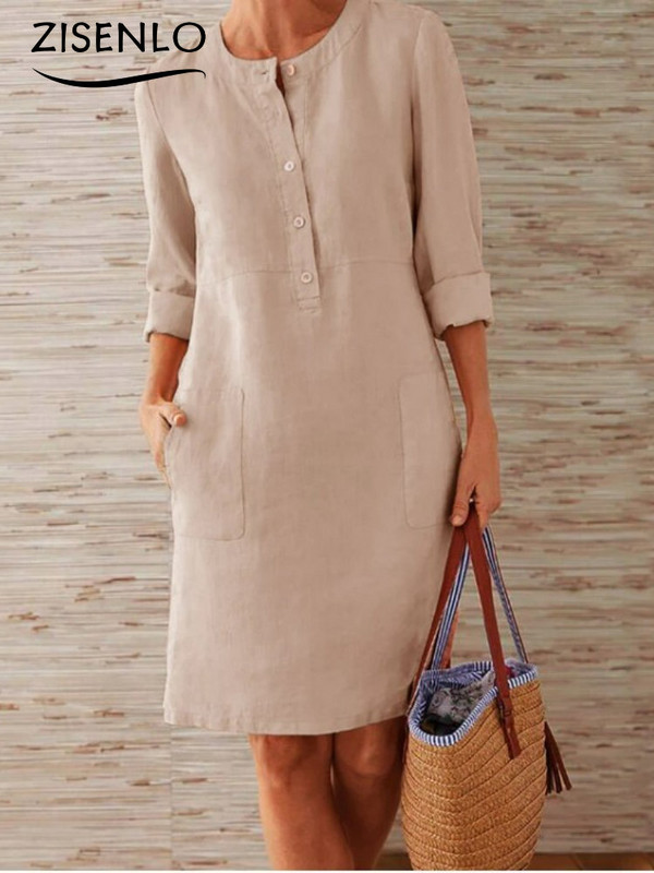 Rochie albă de primăvară Culoare uni Casual Gât rotund Rochie cu mâneci lungi Ieftine Casual Rochii de damă Lejer Elegant Haine de damă