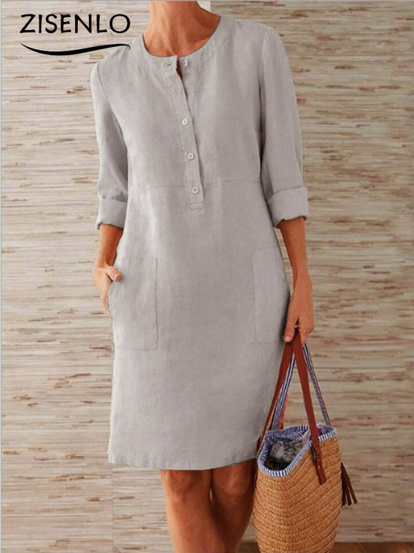 Rochie albă de primăvară Culoare uni Casual Gât rotund Rochie cu mâneci lungi Ieftine Casual Rochii de damă Lejer Elegant Haine de damă