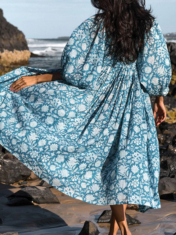 Liela izmēra, brīvas kleitas sievietēm vasarā, elegantas ar ziediem apdrukātas garās kleitas, modes laternas piedurknēm, Boho pludmales svētku kleita