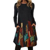 Jauna sieviešu kleita ar melnu apdruku Bohēmijas retro stila sieviešu kleitas ar garām piedurknēm, brīva stila kleita sievietēm 2022. gada rudens pavasara apģērbā