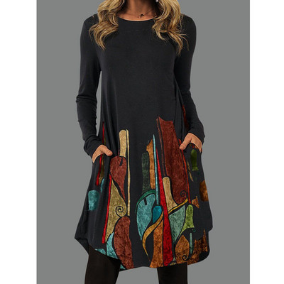 Jauna sieviešu kleita ar melnu apdruku Bohēmijas retro stila sieviešu kleitas ar garām piedurknēm, brīva stila kleita sievietēm 2022. gada rudens pavasara apģērbā