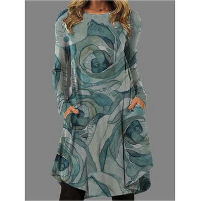 Jauna sieviešu kleita ar melnu apdruku Bohēmijas retro stila sieviešu kleitas ar garām piedurknēm, brīva stila kleita sievietēm 2022. gada rudens pavasara apģērbā