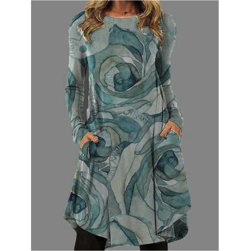 Jauna sieviešu kleita ar melnu apdruku Bohēmijas retro stila sieviešu kleitas ar garām piedurknēm, brīva stila kleita sievietēm 2022. gada rudens pavasara apģērbā