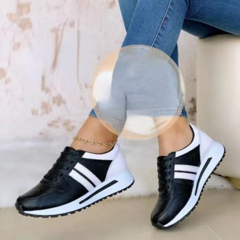 Γυναικεία παπούτσια Δερμάτινα ραφές με δαντέλα με στρογγυλά δάχτυλα Πολυτελή αθλητικά παπούτσια τρεξίματος με χοντρή σόλα 2023 Νέο casual μαύρο βουλκανισμένο παπούτσι για εξωτερικούς χώρους