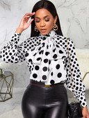 Bluza veće veličine za žene Crno-bijele duge rukave s dugmićima, svečane prigode, uredske dame, radne majice, majice s leptir-mašnom